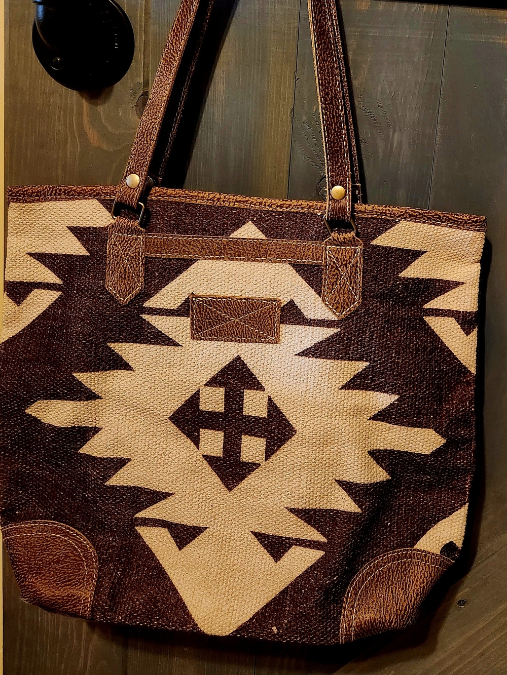 Myra Bag Brown and Cream Aztec-Pattern Tote
